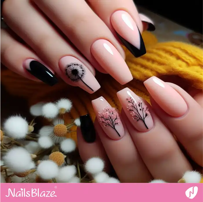 Black and Peach Fuzz Dandelion Nail Art | Color of the Year 2024 - NB1761